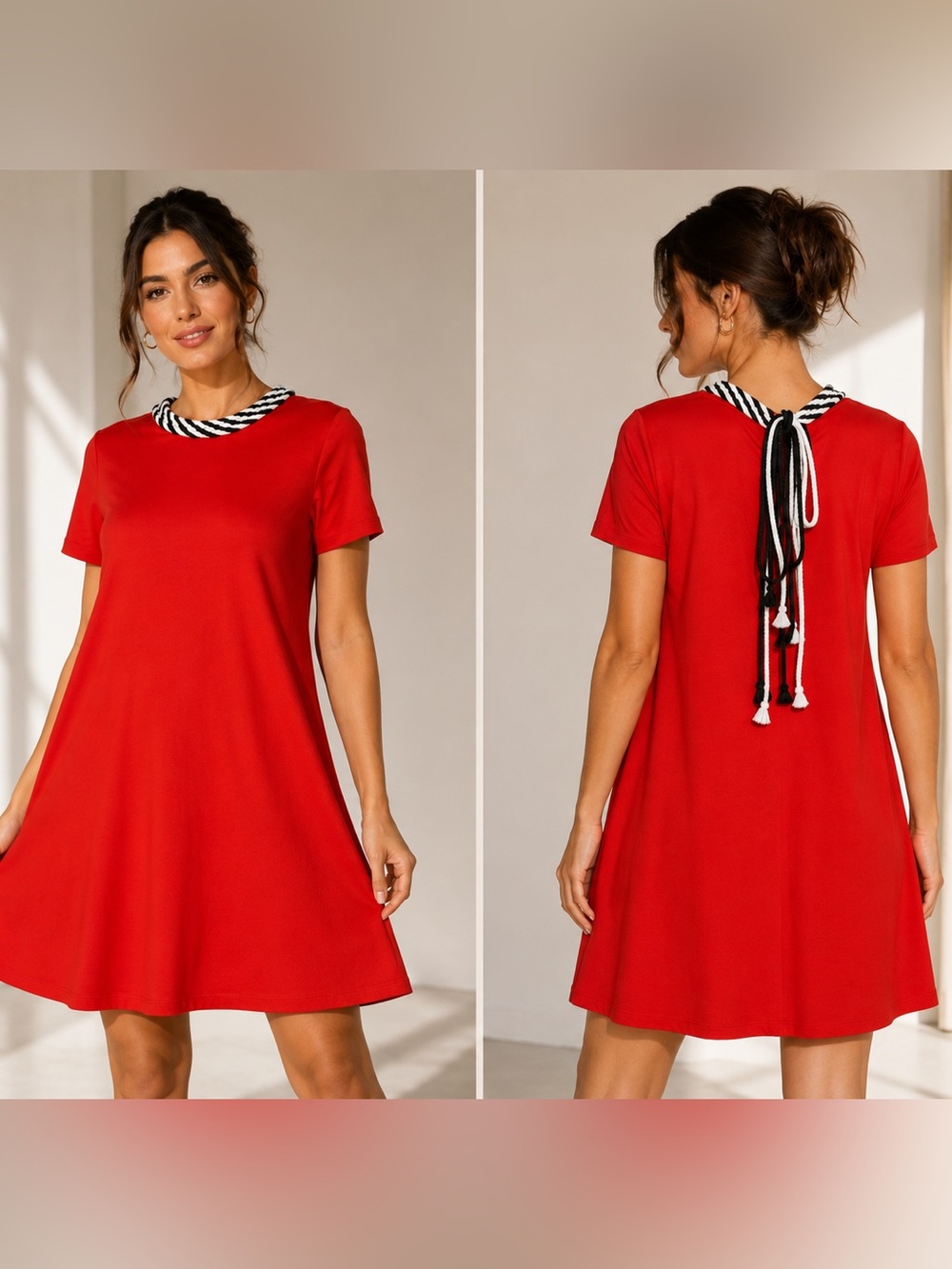 Zara Red A-Line Swing Dress Rope Collar Detail Short Sleeve Nautical Mod Shift - Picture 1 of 8